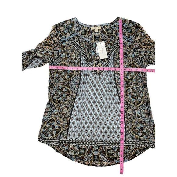 Style & Co Blue Black‎ Print Chiffon Split Neck Blouse Top XS - Picture 5 of 7